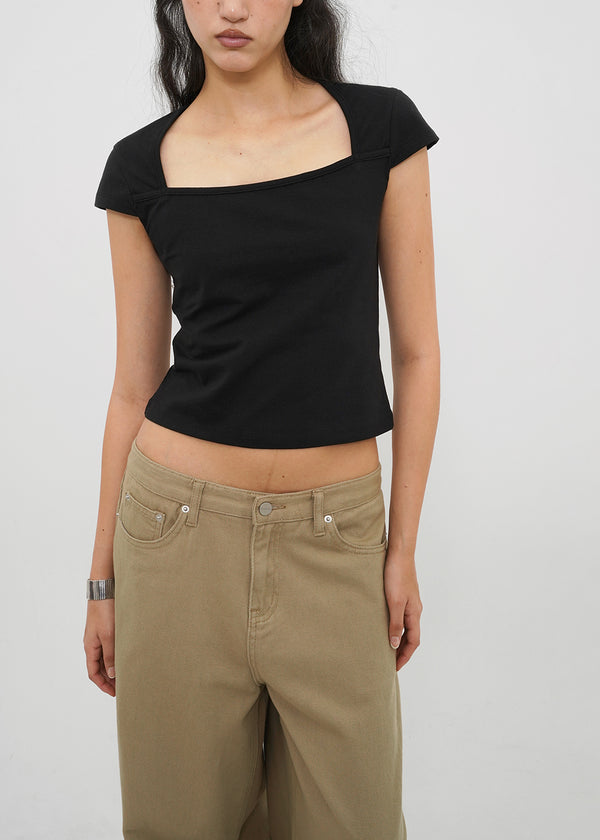 [B-BASIC] Tension Cotton Square-Neck Cap-Sleeve Short-Sleeve T-Shirt (2 SIZE)