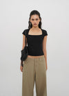 [B-BASIC] Tension Cotton Square-Neck Cap-Sleeve Short-Sleeve T-Shirt (2 SIZE)