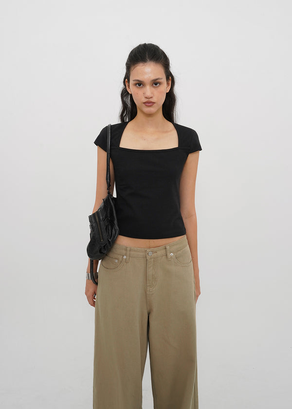 [B-BASIC] Tension Cotton Square-Neck Cap-Sleeve Short-Sleeve T-Shirt (2 SIZE)