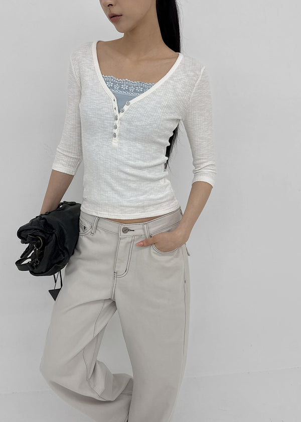 Loopty Button V-neck Ribbed 3/4 Sleeve Tee