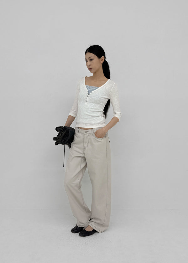 Loopty Button V-neck Ribbed 3/4 Sleeve Tee