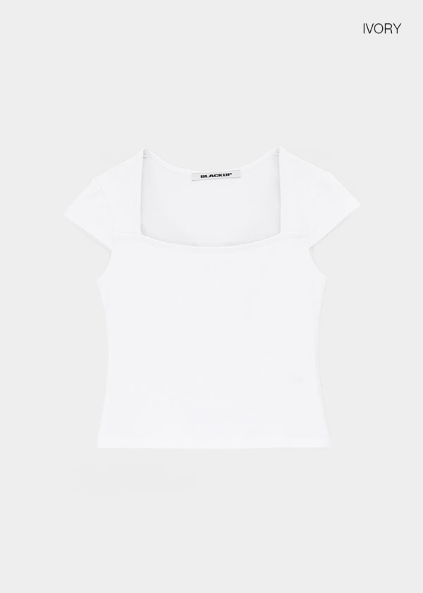 [B-BASIC] Tension Cotton Square-Neck Cap-Sleeve Short-Sleeve T-Shirt (2 SIZE)