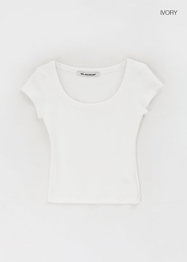[B-BASIC] Basic Ribbed Wide U-Neck Cap Sleeve Short Sleeve Top (2 Size)