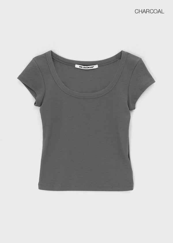 [B-BASIC] Basic Ribbed Wide U-Neck Cap Sleeve Short Sleeve Top (2 Size)