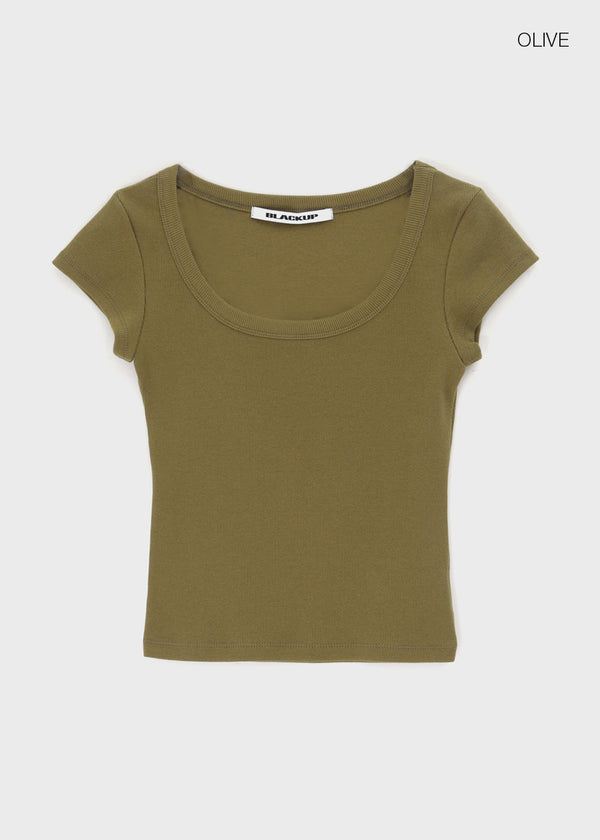 [B-BASIC] Basic Ribbed Wide U-Neck Cap Sleeve Short Sleeve Top (2 Size)