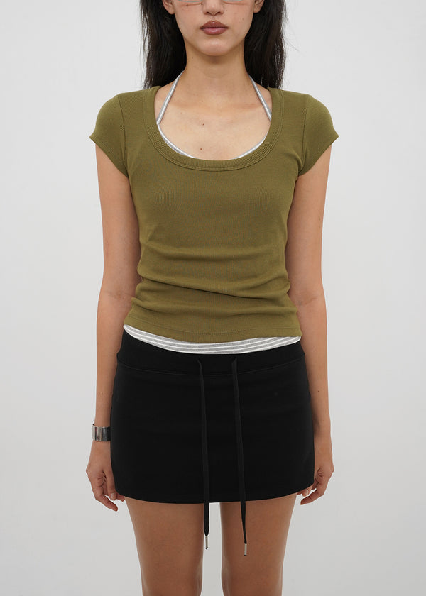 [B-BASIC] Basic Ribbed Wide U-Neck Cap Sleeve Short Sleeve Top (2 Size)