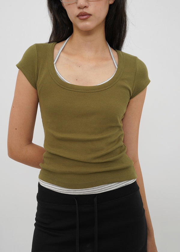 [B-BASIC] Basic Ribbed Wide U-Neck Cap Sleeve Short Sleeve Top (2 Size)