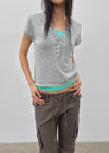 Shadin Button V-sleeve Short Sleeve Knit
