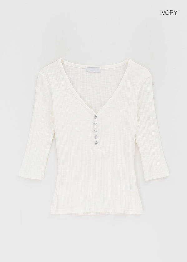 Loopty Button V-neck Ribbed 3/4 Sleeve Tee