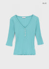 Loopty Button V-neck Ribbed 3/4 Sleeve Tee