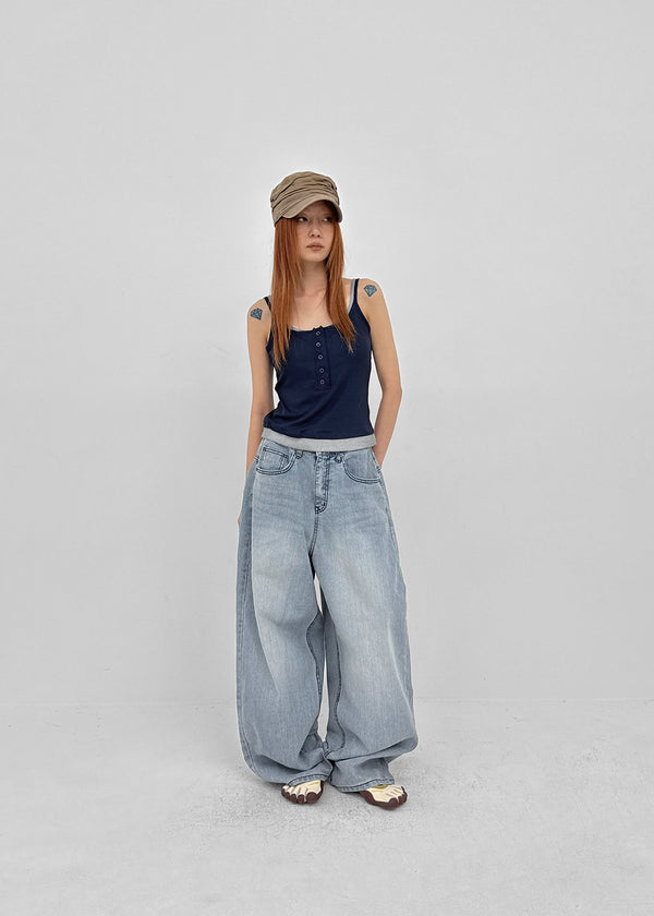 Comtian Back Pocket Washed Wide Denim Pants