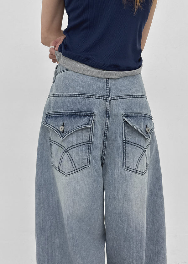 Comtian Back Pocket Washed Wide Denim Pants