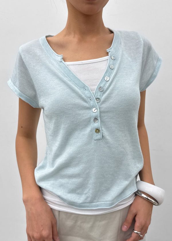 Shadin Button V-sleeve Short Sleeve Knit