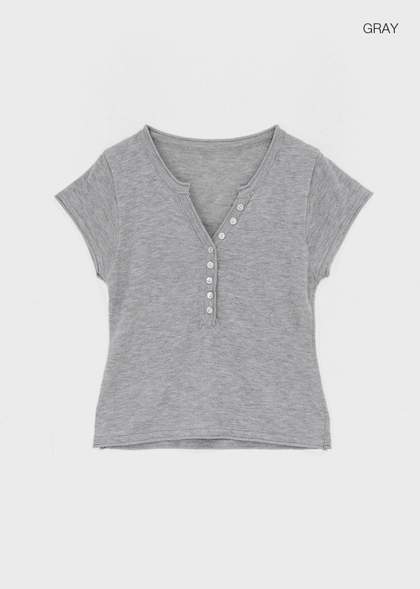 Shadin Button V-sleeve Short Sleeve Knit