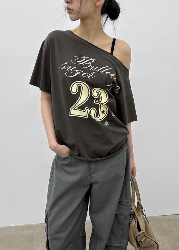[MADE] Vermel Printed Asymmetric Shoulder Short Sleeve Top