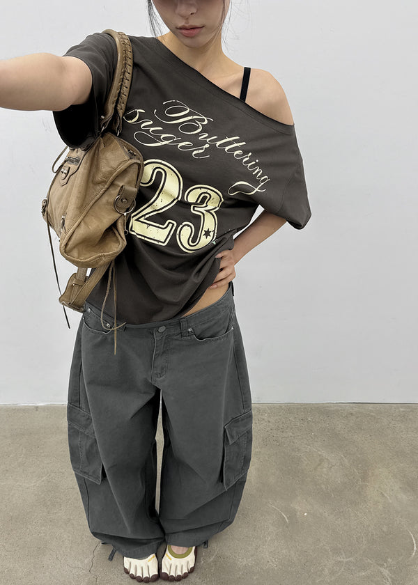 [MADE] Vermel Printed Asymmetric Shoulder Short Sleeve Top