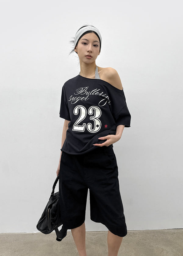 [MADE] Vermel Printed Asymmetric Shoulder Short Sleeve Top