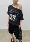 [MADE] Vermel Printed Asymmetric Shoulder Short Sleeve Top