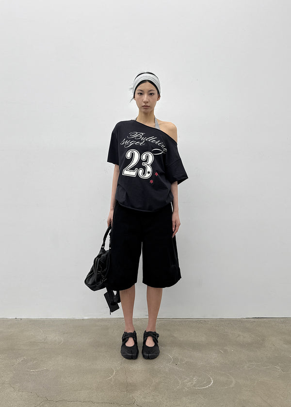 [MADE] Vermel Printed Asymmetric Shoulder Short Sleeve Top