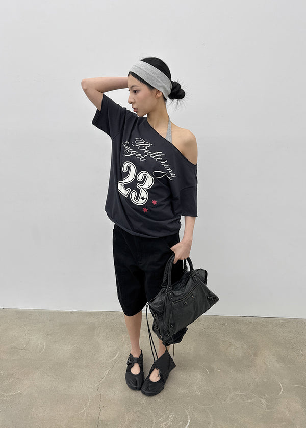 [MADE] Vermel Printed Asymmetric Shoulder Short Sleeve Top