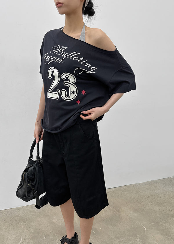[MADE] Vermel Printed Asymmetric Shoulder Short Sleeve Top