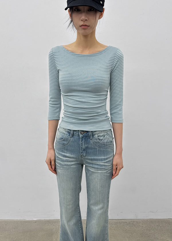 Iftic Striped Shirred Boat Neck Sleeveless Tee