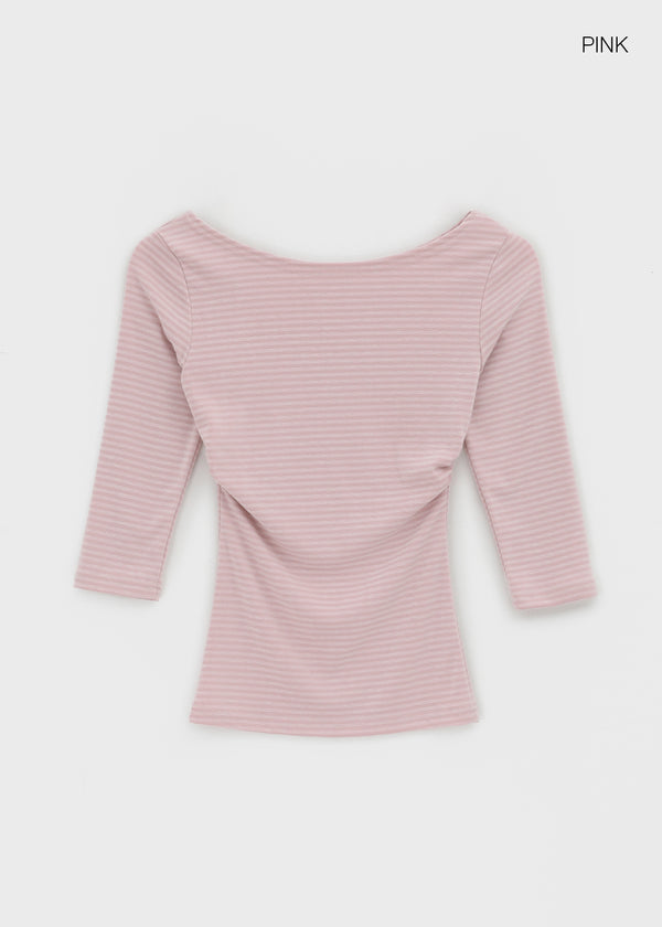 Iftic Striped Shirred Boat Neck Sleeveless Tee