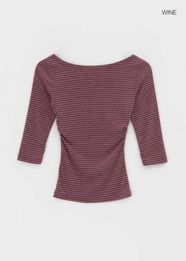 Iftic Striped Shirred Boat Neck Sleeveless Tee