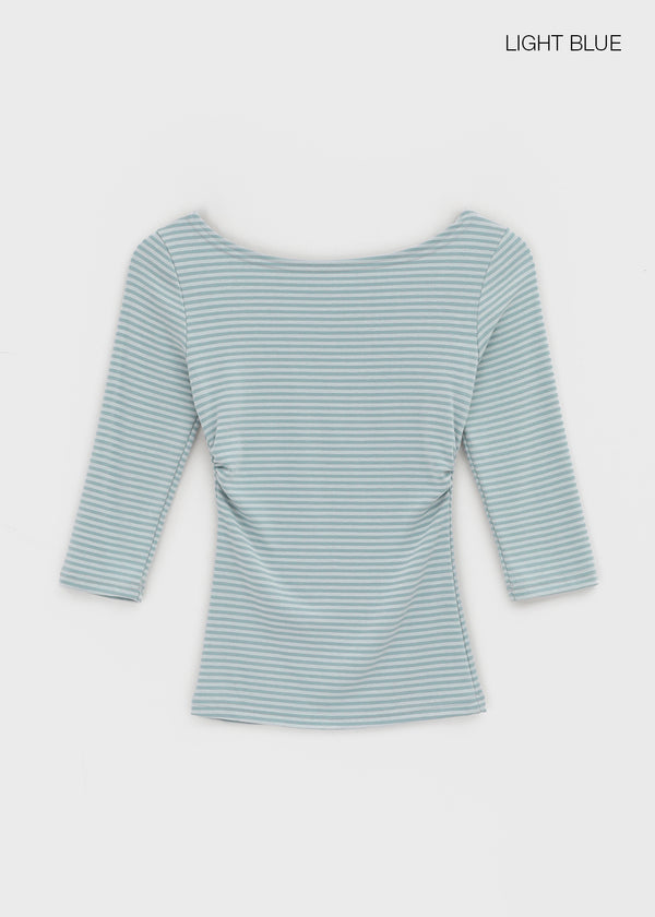 Iftic Striped Shirred Boat Neck Sleeveless Tee
