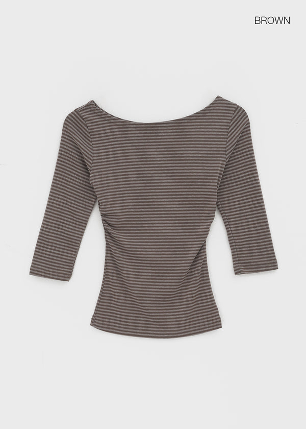 Iftic Striped Shirred Boat Neck Sleeveless Tee