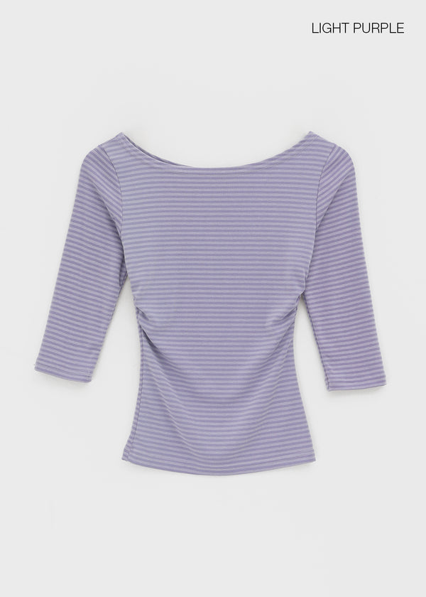Iftic Striped Shirred Boat Neck Sleeveless Tee