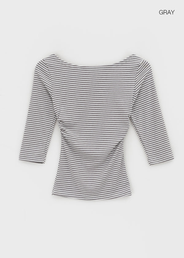 Iftic Striped Shirred Boat Neck Sleeveless Tee
