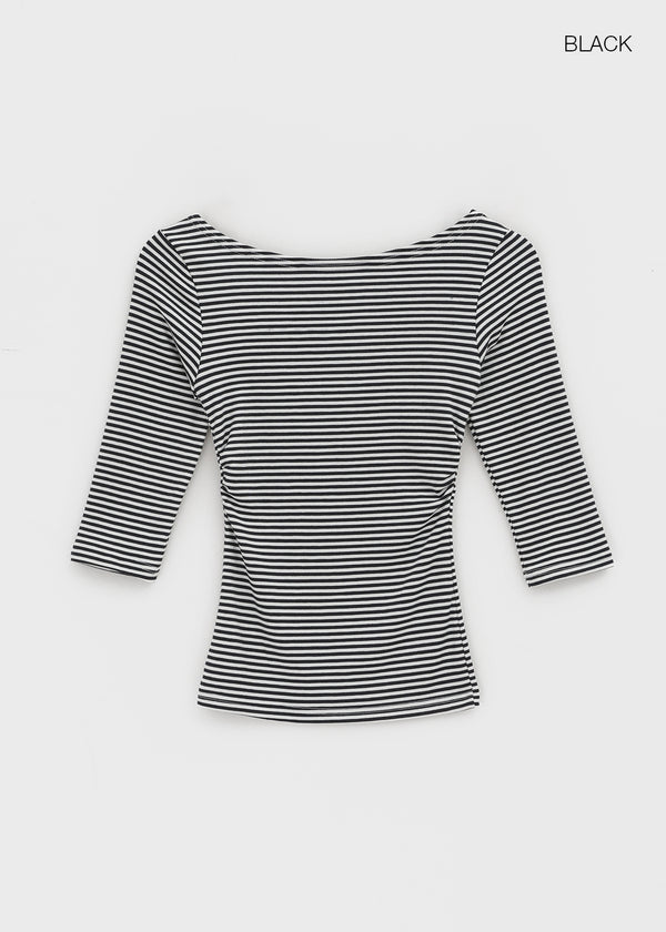 Iftic Striped Shirred Boat Neck Sleeveless Tee