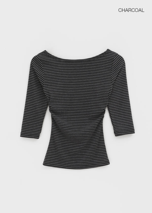 Iftic Striped Shirred Boat Neck Sleeveless Tee