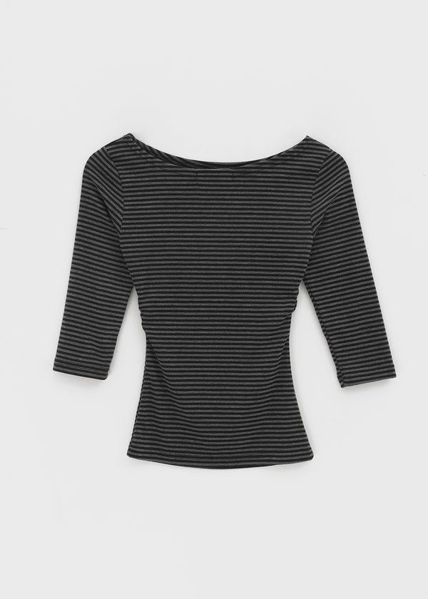Iftic Striped Shirred Boat Neck Sleeveless Tee