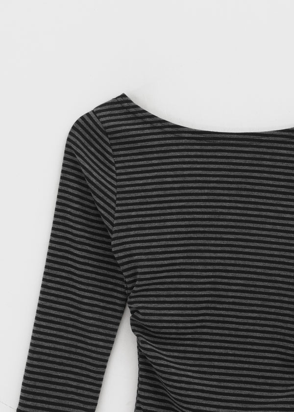 Iftic Striped Shirred Boat Neck Sleeveless Tee