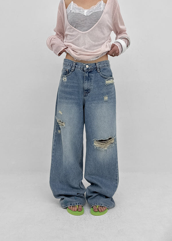 Hupu Damaged Wide Denim Pants