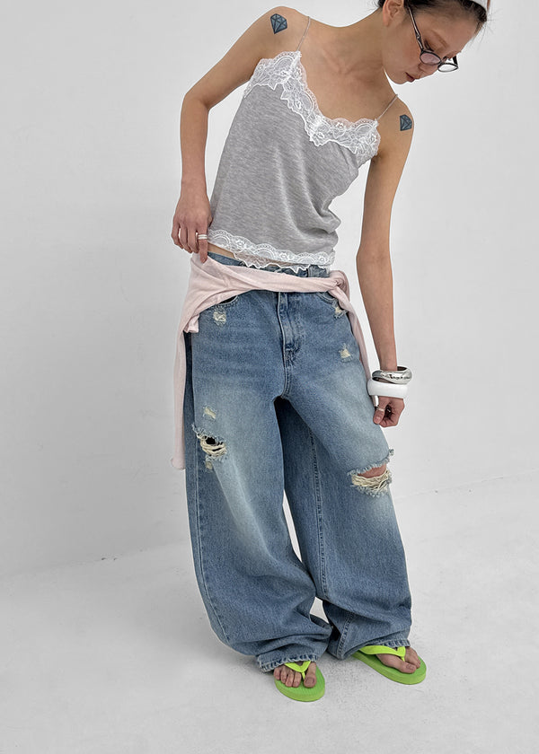 Hupu Damaged Wide Denim Pants