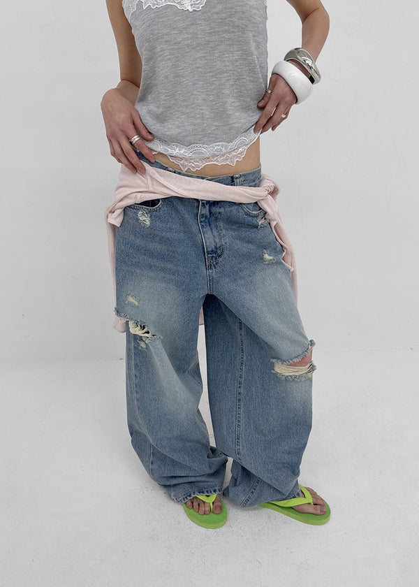 Hupu Damaged Wide Denim Pants