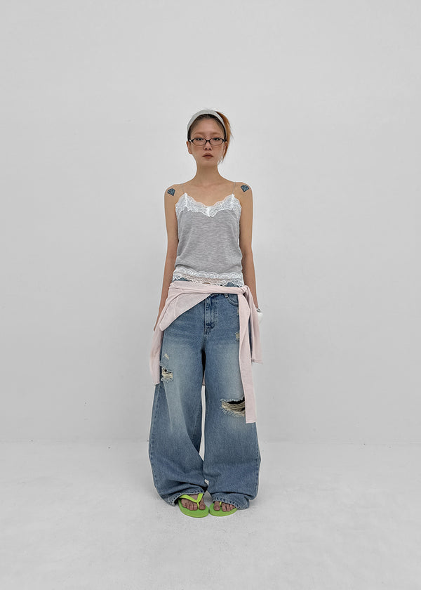 Hupu Damaged Wide Denim Pants
