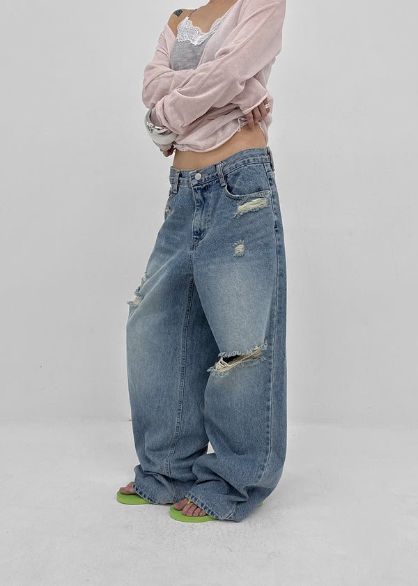 Hupu Damaged Wide Denim Pants