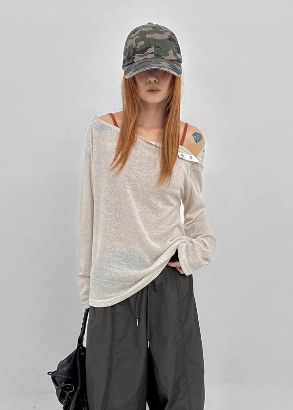 [MADE] Cuchel Summer Knit Button Off-Shoulder Long Sleeve Top