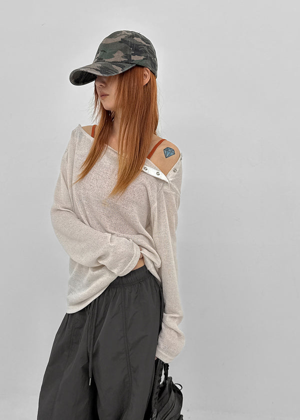 [MADE] Cuchel Summer Knit Button Off-Shoulder Long Sleeve Top