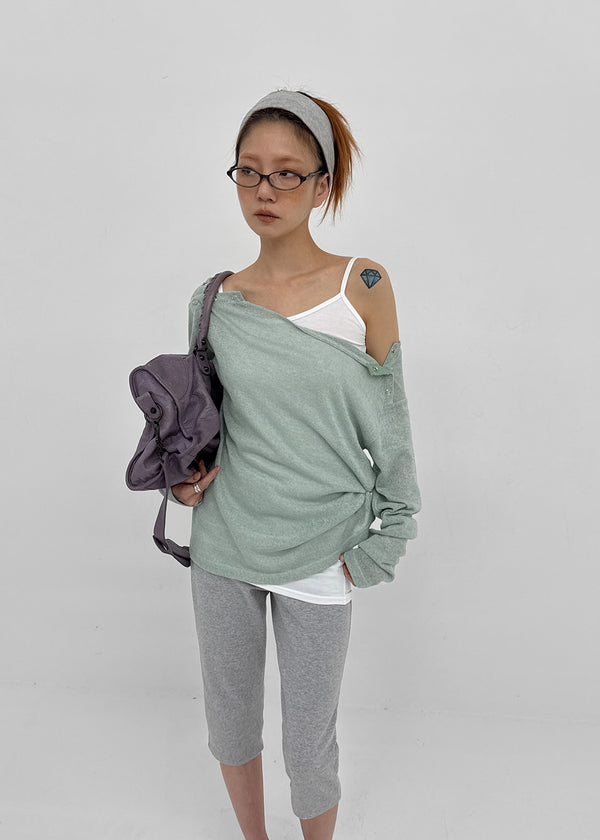[MADE] Cuchel Summer Knit Button Off-Shoulder Long Sleeve Top