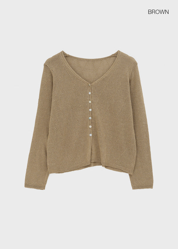 Plgun Linen Diamond V-Neck Cardigan