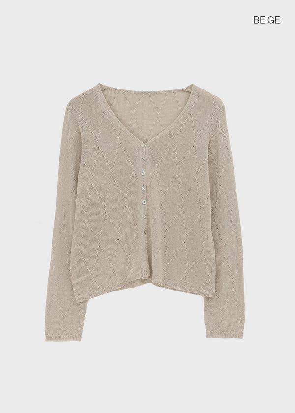 Plgun Linen Diamond V-Neck Cardigan