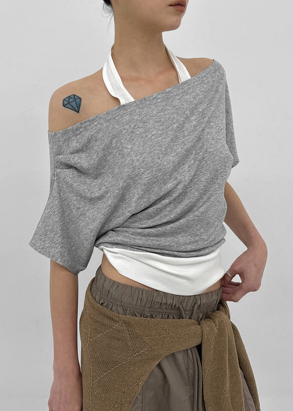 Pep Fun Layered Halter Off-shoulder Short Sleeve Tee