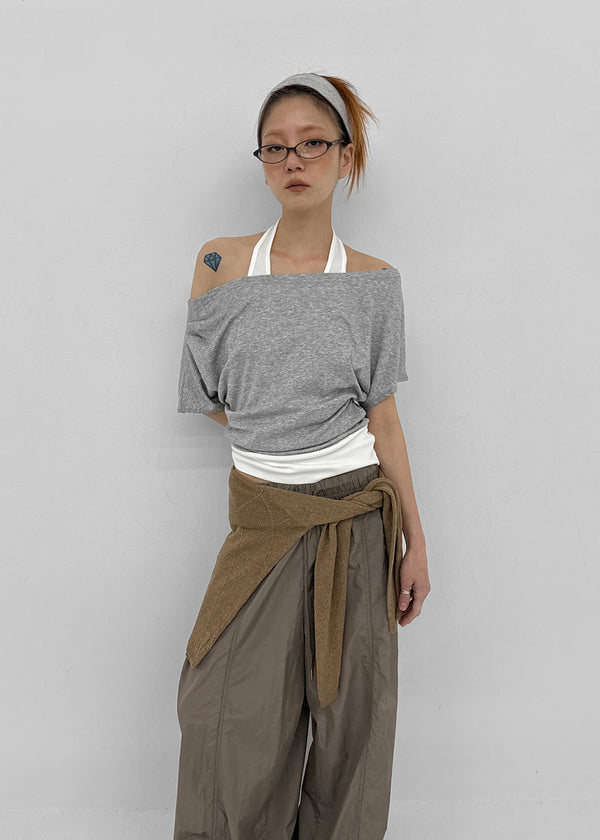 Pep Fun Layered Halter Off-shoulder Short Sleeve Tee