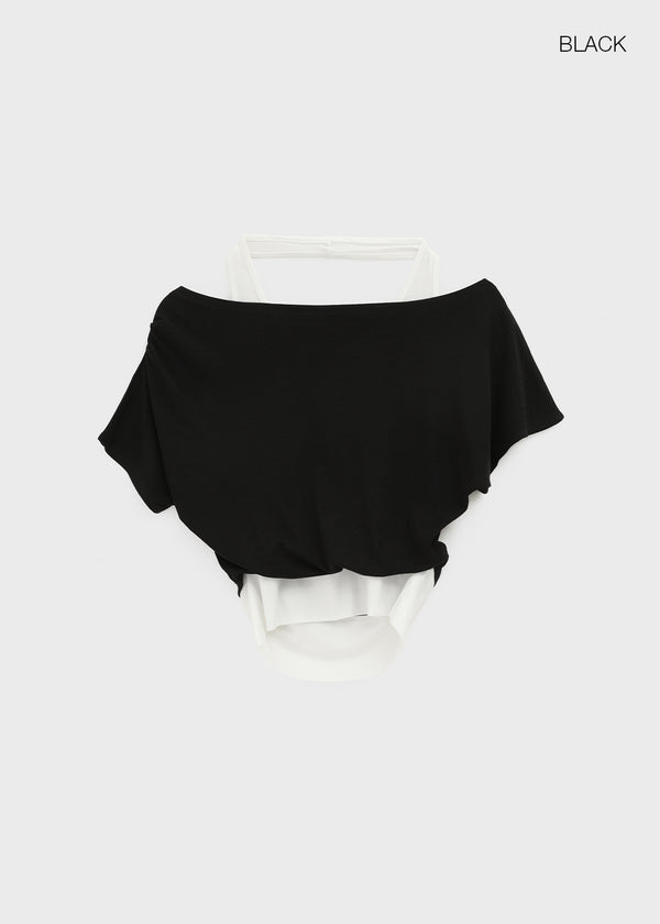 Pep Fun Layered Halter Off-shoulder Short Sleeve Tee