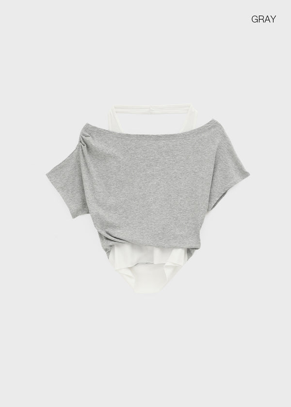 Pep Fun Layered Halter Off-shoulder Short Sleeve Tee
